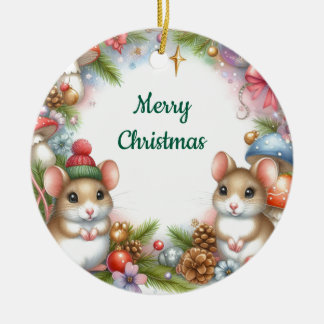 Christmas Mice and Mushrooms Whimsical Ceramic Ornament