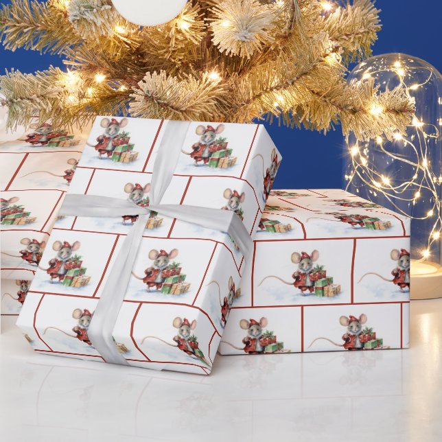 Christmas Mice On White Wrapping Paper (Holidays)