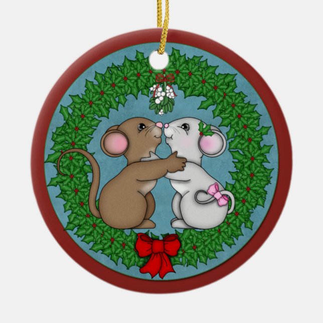 Christmas Mice under mistletoe Ceramic Ornament (Front)