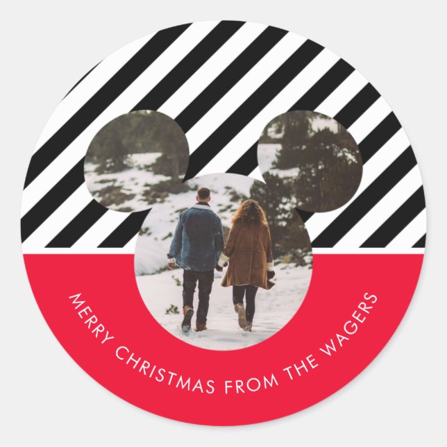 Christmas Mickey Mouse Red & Black Family Photo Cl Classic Round Sticker (Front)