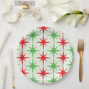 Christmas Mid Century Red Green Atomic Starbursts Paper Plate