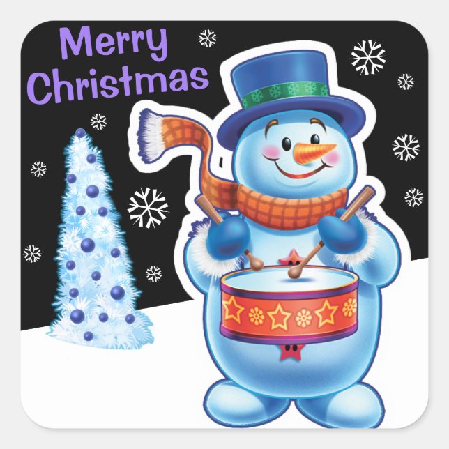 Christmas midnight square sticker Snowman drummer. (Front)