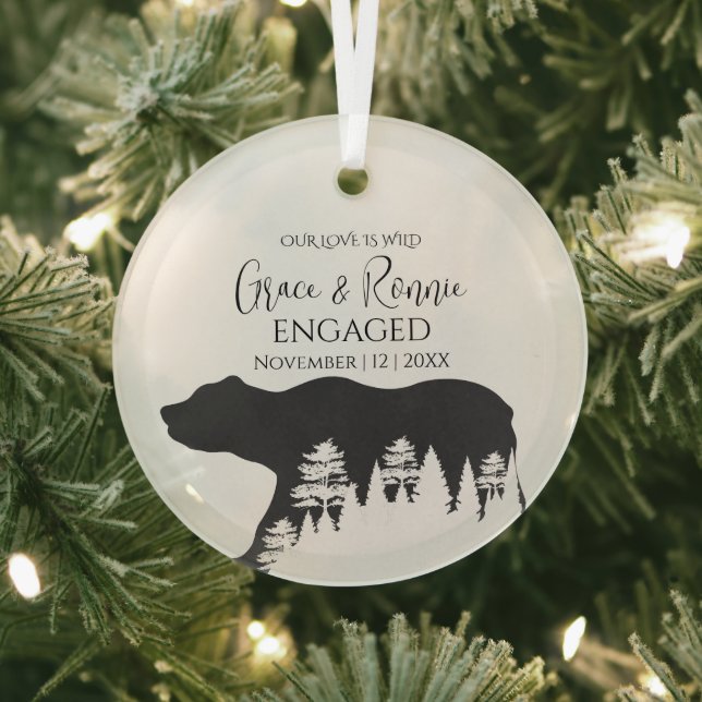 Christmas Minimal Pine Tree Bear Couple Engagement Glass Ornament (Insitu)