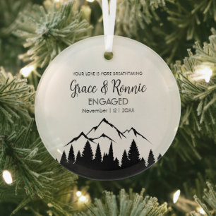 Christmas Minimal PineTree Mountain Couple Engaged Glass Ornament