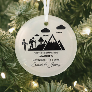 Christmas Minimalist Mountain Hike Married Couple Glass Ornament