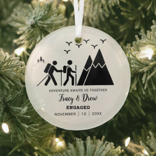 Christmas Minimalist Mountain Hiking Engage Couple Glass Ornament