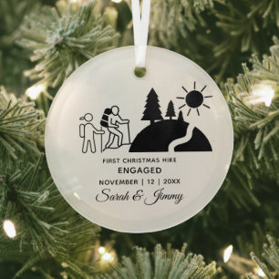 Christmas Minimalist Mountain Hiking Engage Couple Glass Ornament