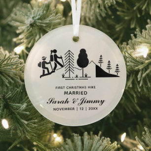 Christmas Minimalist Mountain Hiking MarriedCouple Glass Ornament