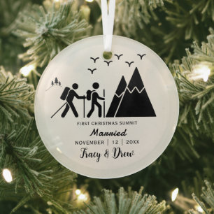 Christmas Minimalist Mountain Hiking MarriedCouple Glass Ornament