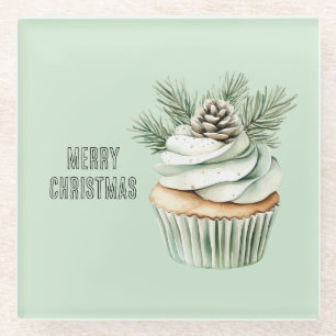 Christmas Mint Pine Cone Cupcake Glass Coaster