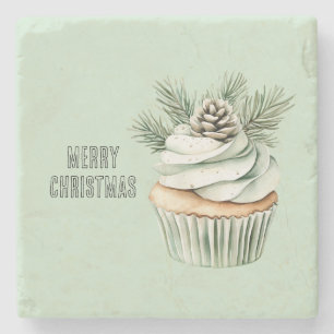 Christmas Mint Pine Cone Cupcake Stone Coaster