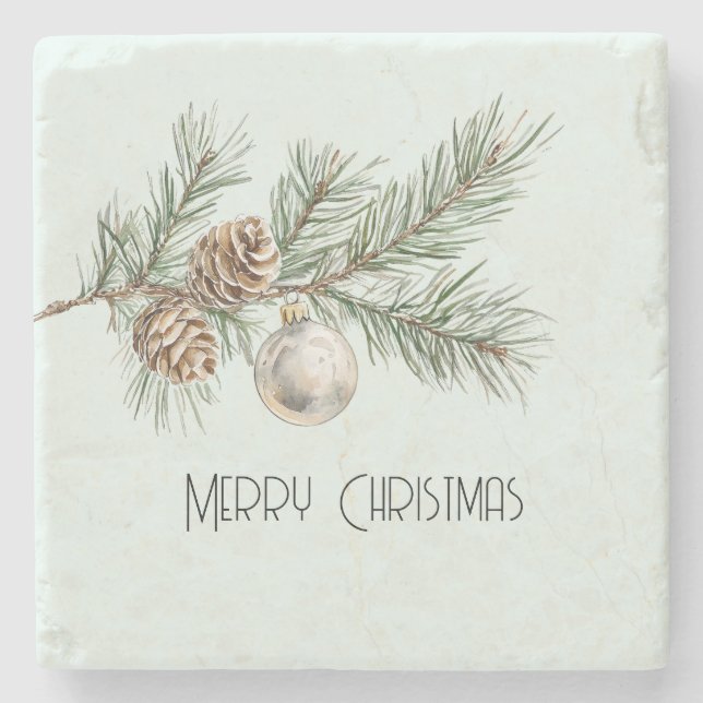Christmas Mint Pine Cones Branch Ornament Stone Coaster (Front)