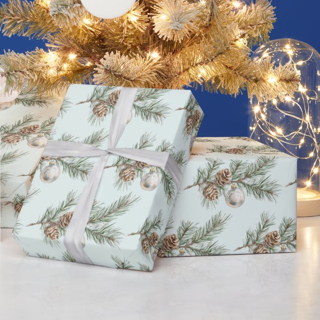 Christmas Mint Pine Cones Branch Ornament Wrapping Paper (Holidays)