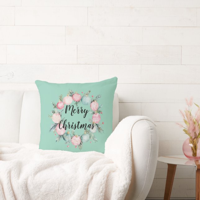 Christmas Mint Pink Ornament Wreath  Throw Pillow (Couch)