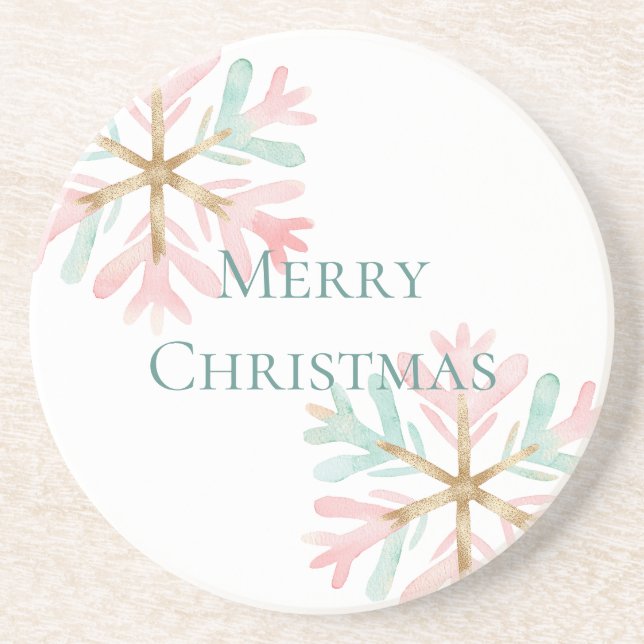 Christmas Mint Pink Snowflakes on White Coaster (Front)