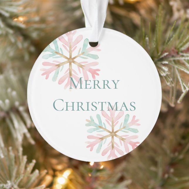 Christmas Mint Pink Snowflakes on White Ornament (Tree)