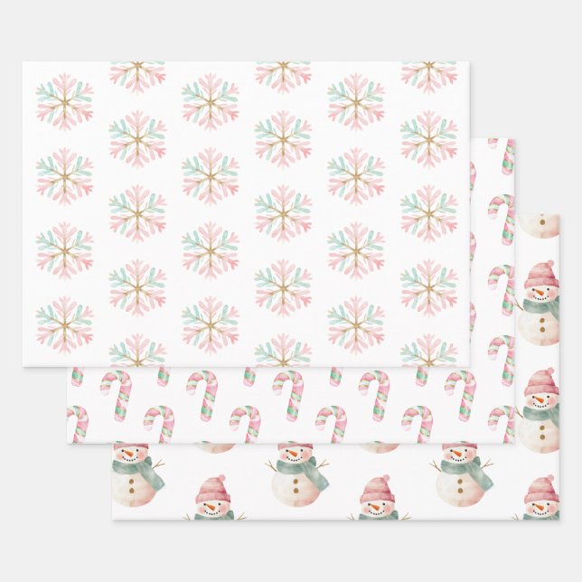Christmas Mint Pink White Snowflakes Candy Snowman Wrapping Paper Sheet (Set)