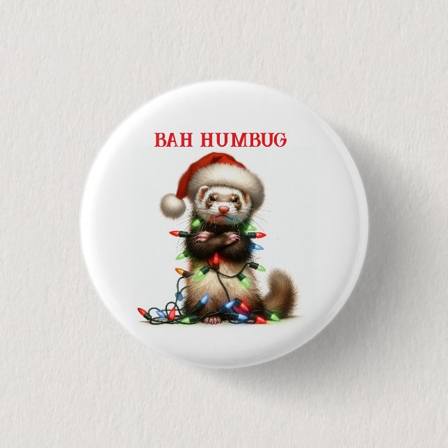 Christmas Mischief Ferret in Christmas Lights 1 Inch Round Button (Front)