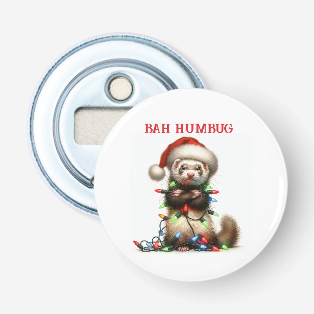 Christmas Mischief Ferret in Christmas Lights Bottle Opener (Front)