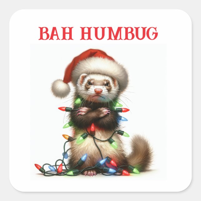 Christmas Mischief Ferret in Christmas Lights Square Sticker (Front)