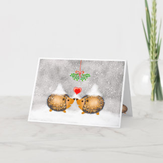 Christmas Misletoe Love Cute Hegdehogs in Snow Holiday Card