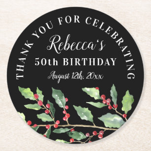 Christmas Mistletoe 50th Birthday Thank You Favour Round Paper Coaster