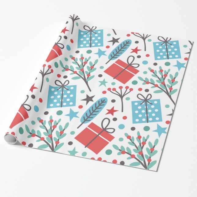 Christmas Mistletoe and Gift Pattern Wrapping Paper (Unrolled)