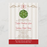 CHRISTMAS MISTLETOE COUPLES WEDDING SHOWER INVITATION<br><div class="desc">Cute and fanciful, sweet and romantic mistletoe couples wedding shower invitations for the groom and bride to be with a kissing ball and pomander decorated with festive mistletoe leaves, white berries and gold ornaments hung with a red bow. Pretty scroll flourishes and a cream striped and delicate polka dot pattern...</div>