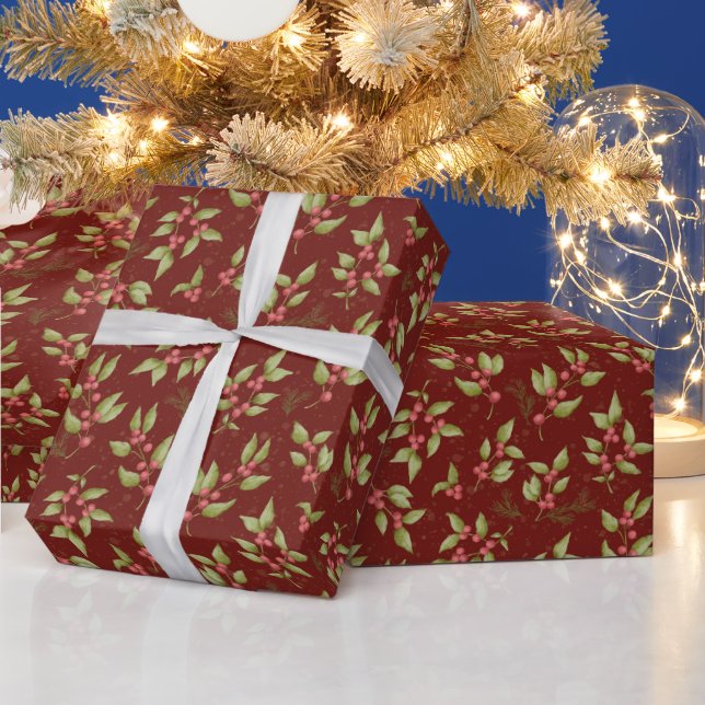 Christmas Mistletoe Pattern on Red Wrapping Paper (Holidays)