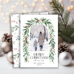 Christmas Mistletoe Photo Rustic Holiday Card<br><div class="desc">Christmas Mistletoe Photo Rustic Holiday Card. Beautiful Christmas card featuring an arch with a photo paired with real hand painted watercolor red berries and winter greenery arch wreath. Leaves and berries botanical Christmas pattern in the back of the invitation.</div>