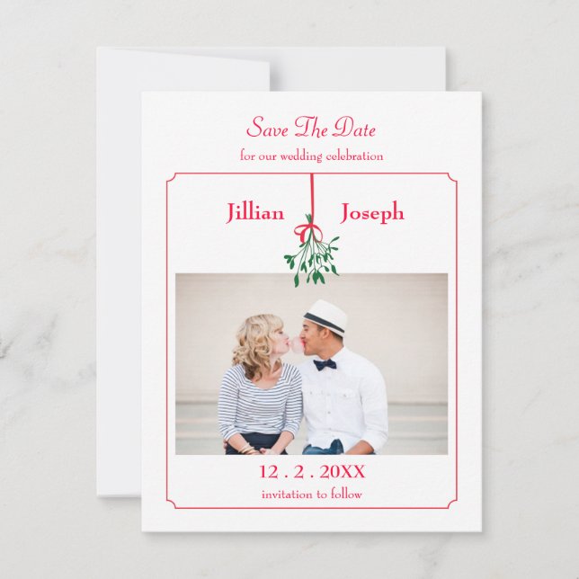 Christmas Mistletoe Photo Save The Date Card (Front)