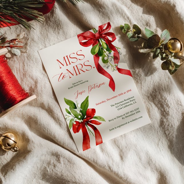 Christmas Mistletoe Red Bow Miss to Mrs Bridal Invitation (Christmas Mistletoe Red Bow Miss to Mrs Bridal Invitation)