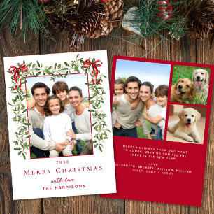 Christmas Mistletoe Red Bow Watercolor Photo Holiday Card