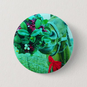 Christmas Mistletoe Teal Horse 2 Inch Round Button