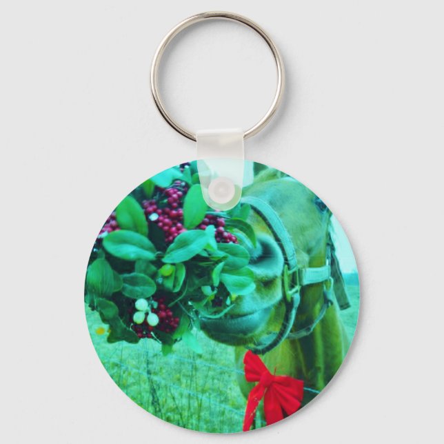 Christmas Mistletoe Teal Horse Keychain (Front)