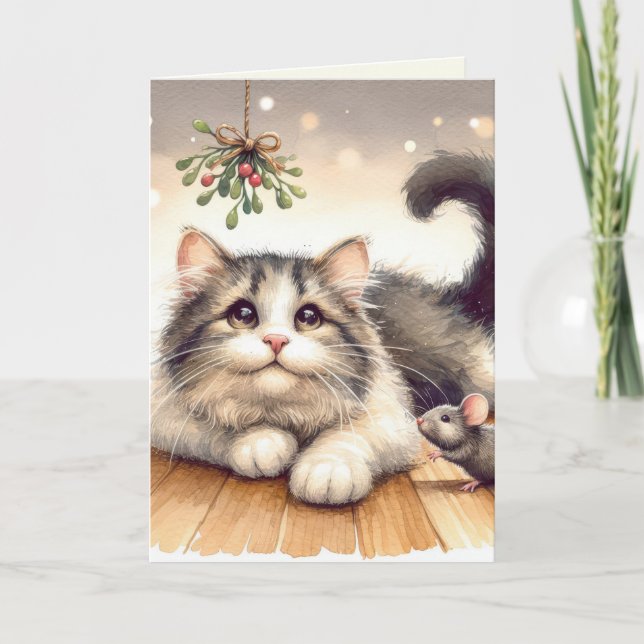 Christmas Mistletoe With Cat and Mouse  Holiday Card (Front)
