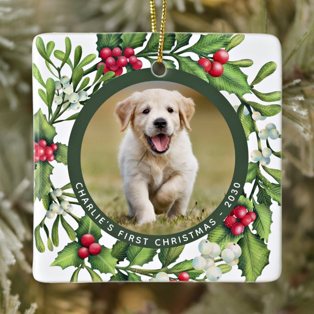 Christmas Mistletoe Wreath Custom Puppy Dog Photo Ceramic Ornament (Creator Uploaded)