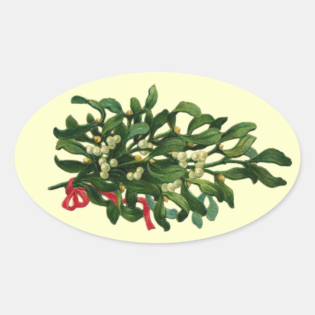 CHRISTMAS MISTLETOES  WITH RED RIBBON OVAL STICKER (Front)