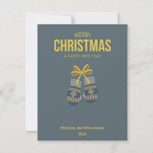 Christmas mitten grey blue gold holiday card