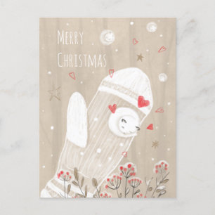 Christmas Mitten Snow Kitten Modern Drawing Postcard