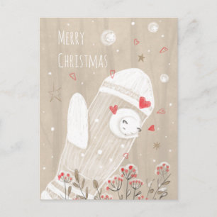 Christmas Mitten Snow Kitten Modern Drawing Postcard