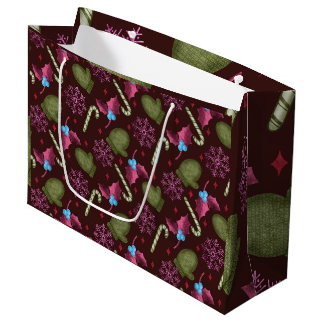 Christmas Mittens, Snowflakes, Peppermint Sticks Large Gift Bag (Front Angled)