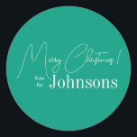 Christmas Modern Bright Green Family Classic Round Sticker<br><div class="desc">This is a modern, Merry Christmas design. It is in trending bright green and white and has the message, "Merry Christmas! from the Johnsons". Ideal for your Christmas gift wrap, mailing accessories. envelope seals, and party favour seals this festive season. To personalize, simply add your name in the personalize this...</div>