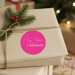 Christmas Modern Family Hot Pink Classic Round Sticker<br><div class="desc">This is a modern, Merry Christmas design. It is in trending hot pink and white and has the message, "Merry Christmas! from the Johnsons". Ideal for your Christmas gift wrap, mailing accessories. envelope seals, and party favour seals this festive season. To personalize, simply add your name in the personalize this...</div>