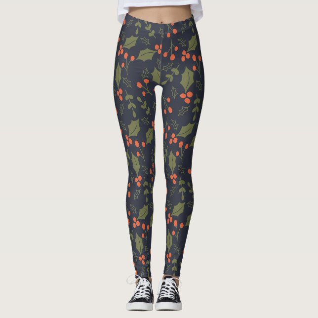 Christmas Modern Holiday Foliage Holly Greenery  Leggings (Front)