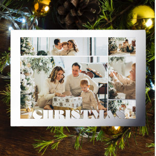 Christmas Modern Letters Five Photos Family Silver Foil Holiday Card