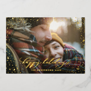 Christmas modern minimal photo script star black foil holiday card