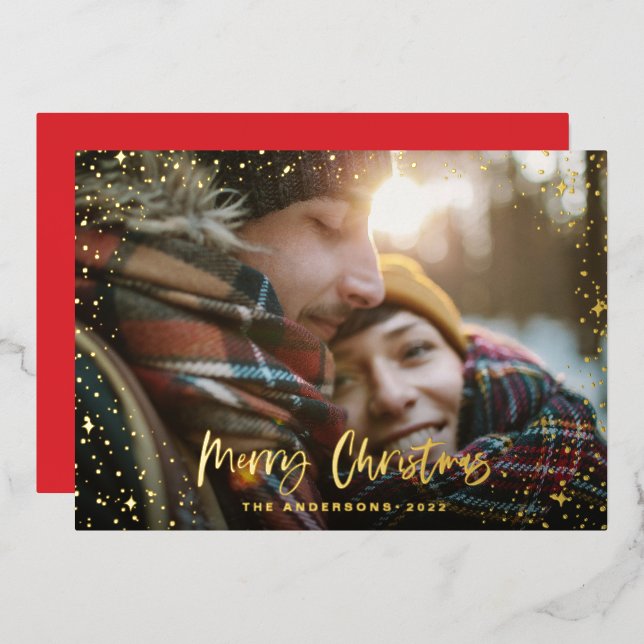 Christmas modern minimal photo script star gold foil holiday card (Front/Back)