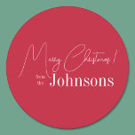 Christmas Modern Red Family Classic Round Sticker<br><div class="desc">This is a modern, Merry Christmas design. It is in festive red and white and has the message, "Merry Christmas! from the Johnsons". Ideal for your Christmas gift wrap, mailing accessories. envelope seals, and party favour seals this festive season. To personalize, simply add your name in the personalize this text...</div>