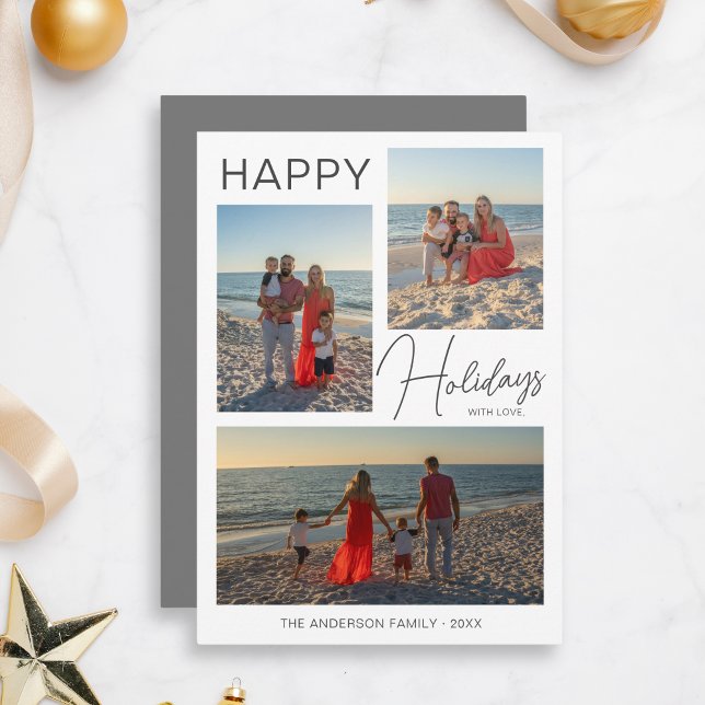 Christmas Modern Script 3 Photos Carte de vacances (Christmas Modern Minimalist Photo Collage Holiday Card by MINTIC DESIGN STUDIO)